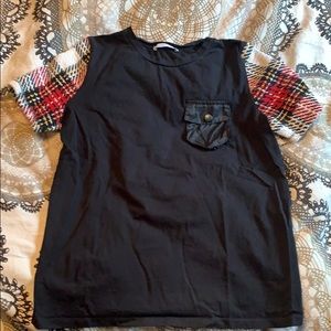 Zara tweed sleeve black T shirt with pocket